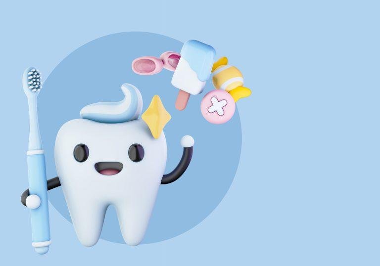 Ilustración 3D de mascota de diente con cepillo y dulces prohibidos