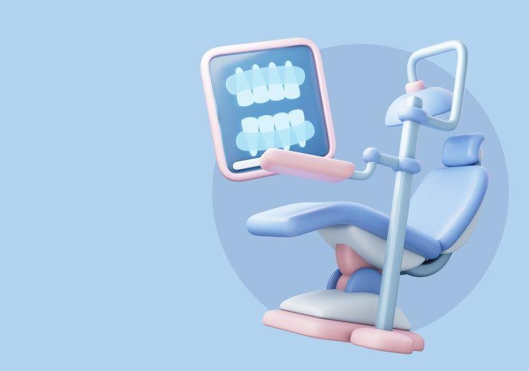 Ilustración 3D de silla dental con radiografía