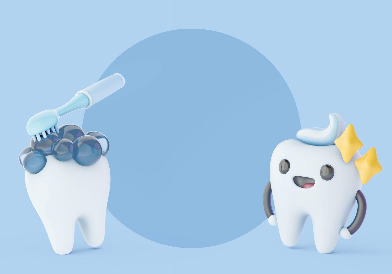 Ilustración 3D de cepillado dental y diente feliz